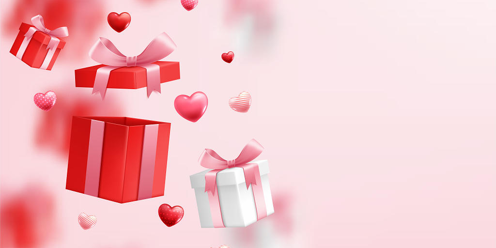 粉色214情人节温馨浪漫礼物盒爱心蝴蝶结可爱展板背景