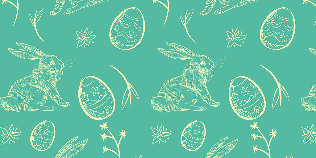 绿色小清新简笔画轮廓复活节兔子彩蛋展板背景