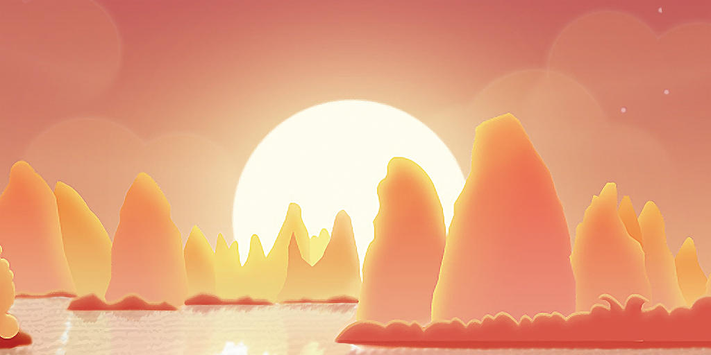 橙色卡通夕阳阳光河水倒影光影展板背景