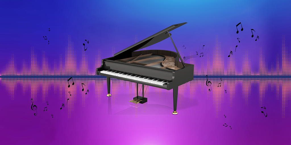 蓝紫色科技感酷炫音乐钢琴音律音符场景展板背景