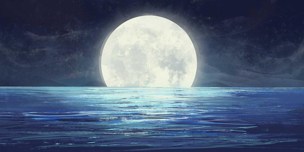 中秋中秋节月亮湖水倒影唯美风景海上倒影手绘展板背景