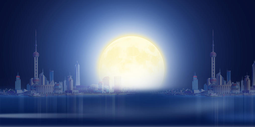 蓝色大气夜晚月亮城市企业展板背景