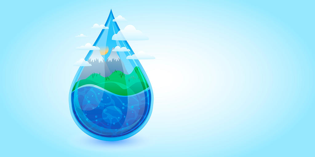 蓝色波纹背景水滴地球节能节水节约用水展板背景