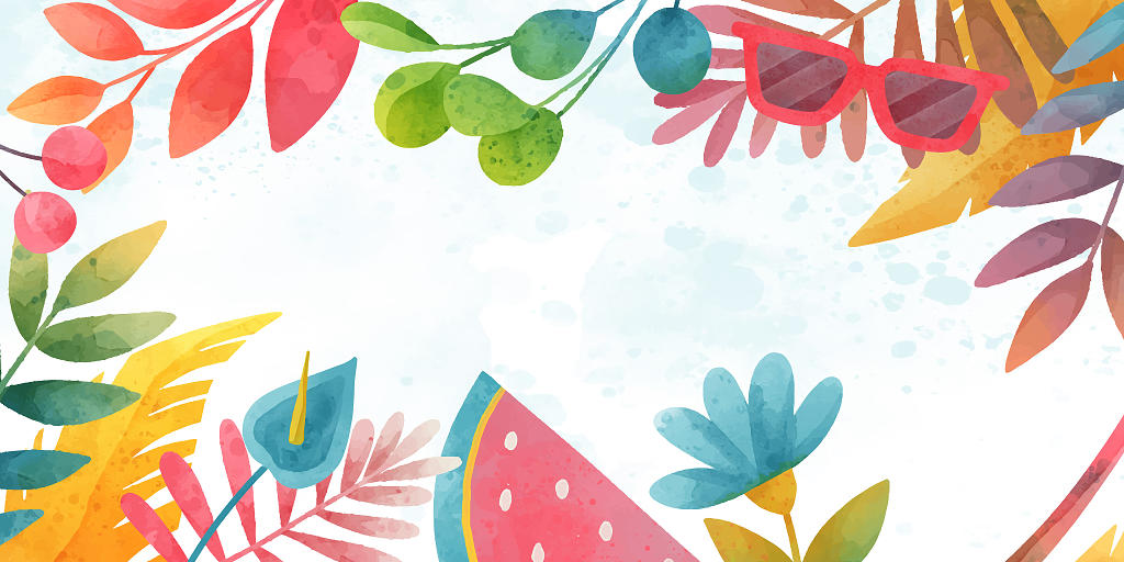 彩色夏日树叶热带植物西瓜太阳镜展板背景