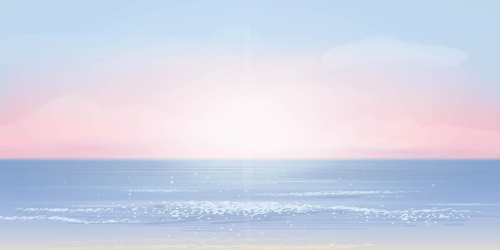 手绘插画夕阳沙滩海滩大海海浪海洋展板背景