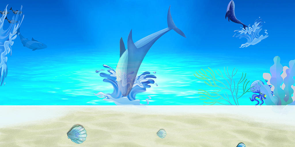蓝色卡通海底海豚海洋展板背景