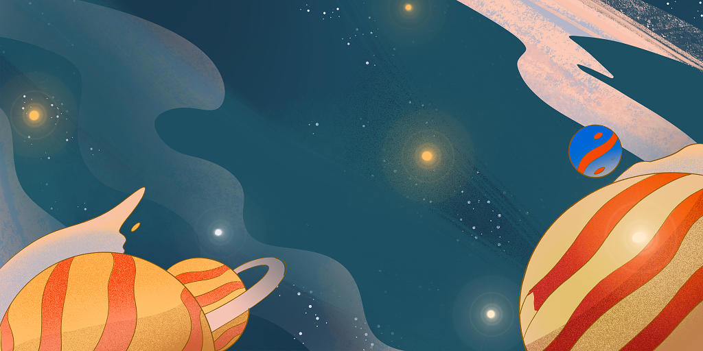 卡通童话夜空星空宇宙行星星球银河展板背景