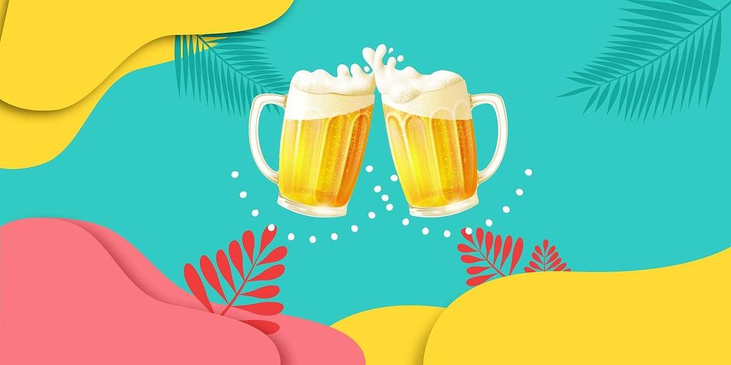 绿色黄色红色卡通啤酒杯红树叶椰树叶夏日啤酒节展板背景夏日啤酒啤酒节背景