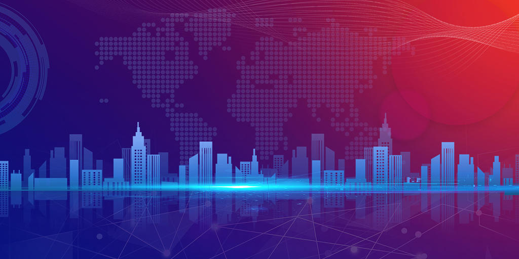 红色蓝色科技感地球城市剪影光斑科技展板背景科技背景