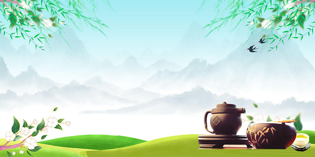 绿色简约茶叶茶具花朵山春茶茶文化茶叶展板背景春茶茶文化茶叶背景