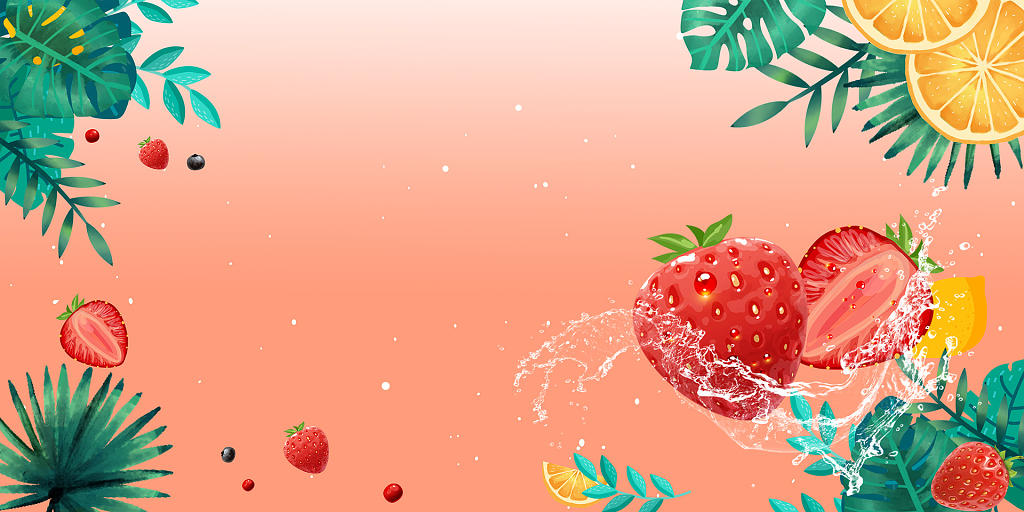 24节气大暑小暑背景红色卡通新鲜水果草莓宣传促销展板背景夏日水果草莓背景