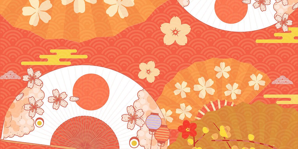 彩色手绘唯美日本传统扇子樱花日本文化花纹展板背景日式背景