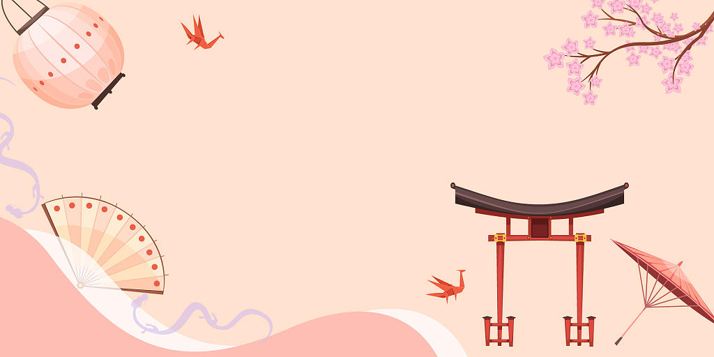 粉红色日本神社纸伞樱花卡通日式展板背景