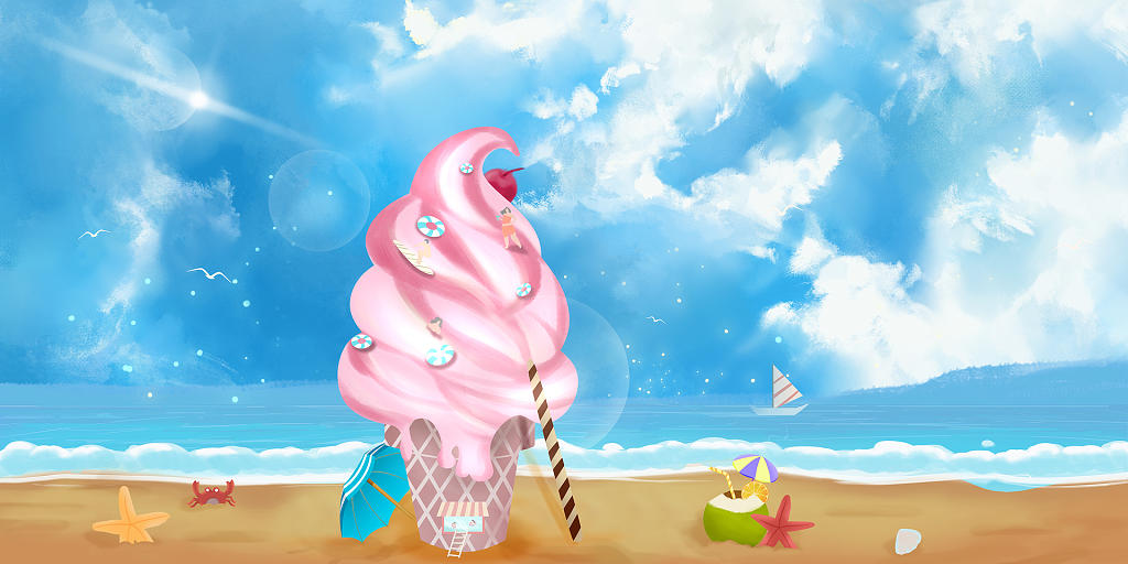 24节气大暑小暑背景蓝色唯美手绘夏季夏天粉色冰淇淋海边夏日大暑小暑展板背景