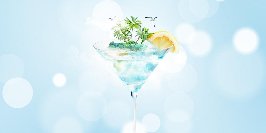 蓝色简约鸡尾酒椰子岛飞鸟二十四节气大暑小暑展板背景