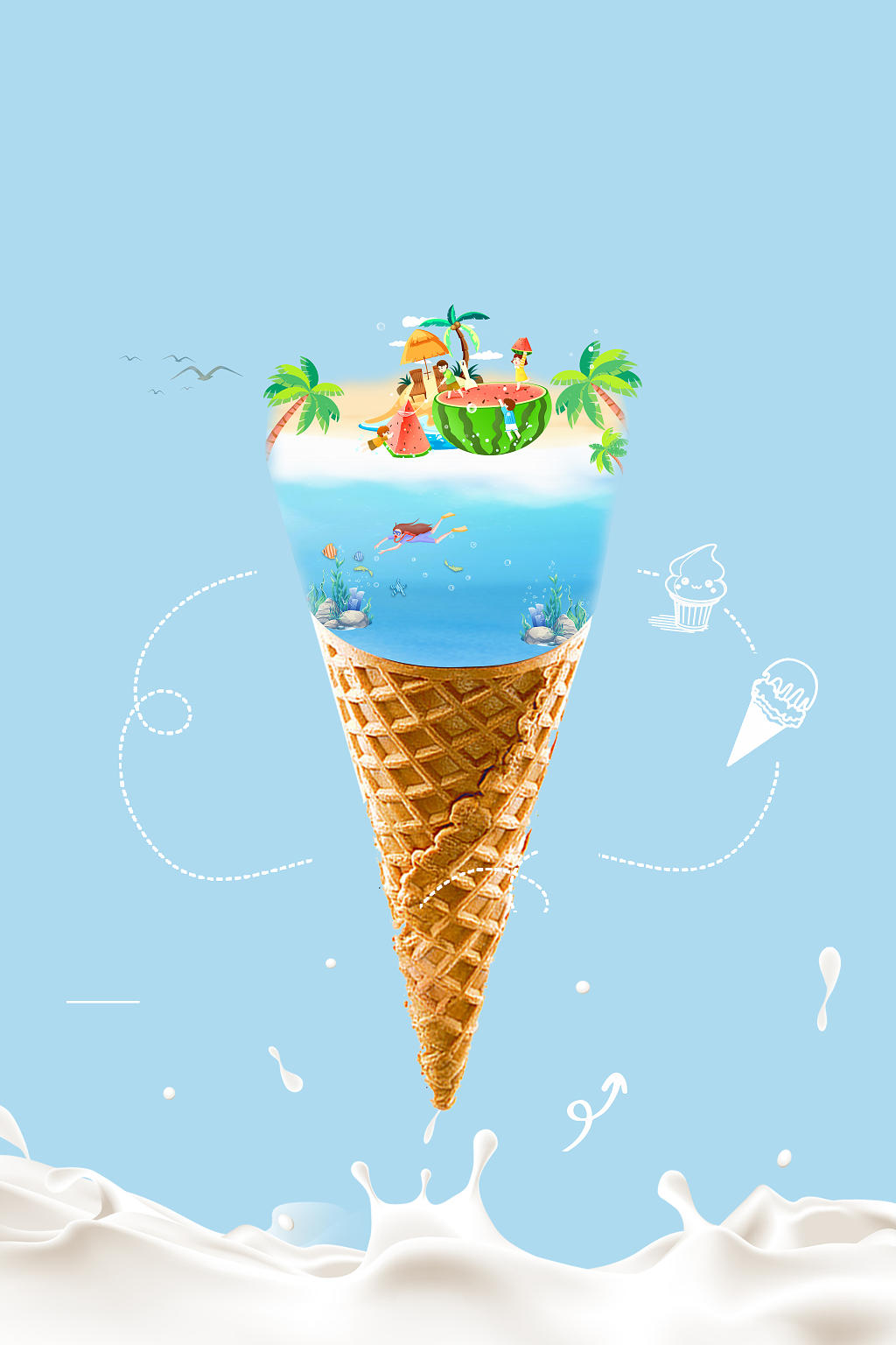 蓝色插画人物潜水游泳珊瑚西瓜24节气小暑大暑夏天海报背景