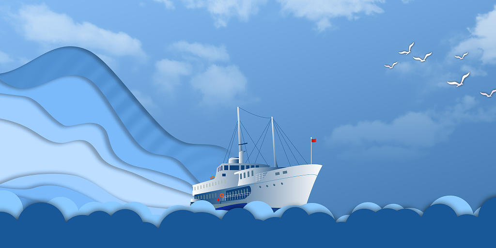 蓝色简约船海浪鸟云朵世界航海日展板背景世界海航日背景