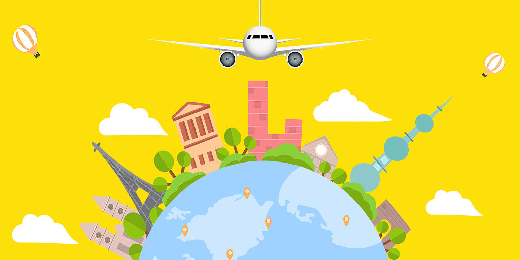 黄色卡通地球城市飞机旅游旅行展板背景