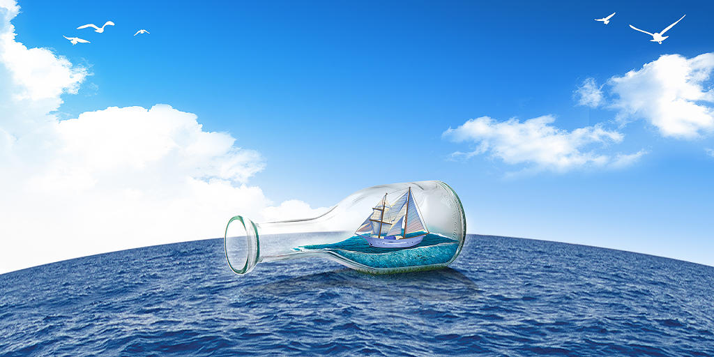 蓝色简约玻璃瓶帆船海鸥中国航海日展板背景