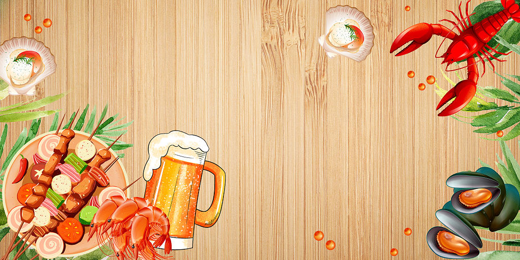 黄色木板简约卡通夏季啤酒烧烤龙虾美食展板背景夏日美食烧烤背景