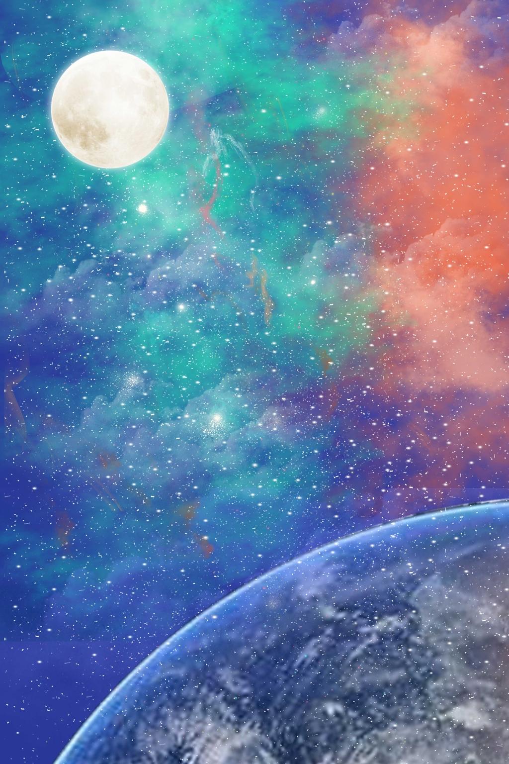 月亮展板背景蓝色绿色橙色夜空月亮地球酷炫海报背景月亮背景