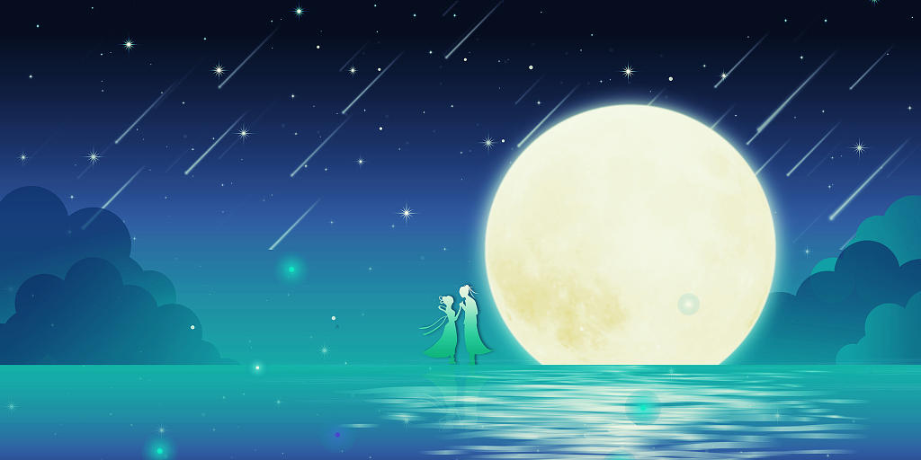 月亮展板背景蓝色绿色简约月亮星空流星牛郎织女湖面七夕情人节展板背景七夕情人节背景