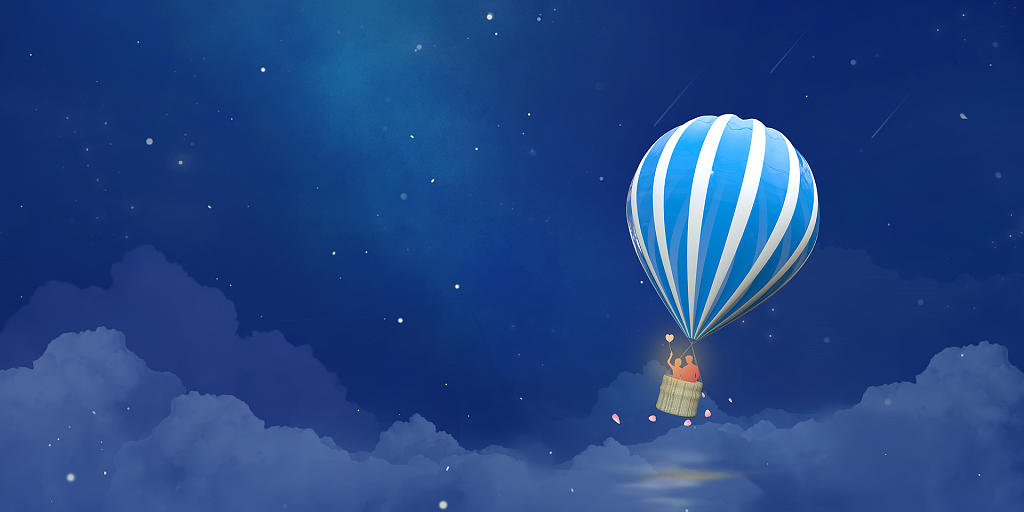 蓝色手绘唯美夜空情人节情侣热气球天空展板背景