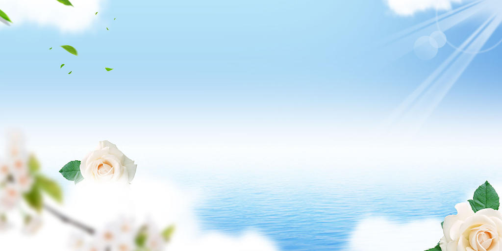 七夕情人节蓝色简约大气白云阳光海面白花鲜花展板背景鲜花背景