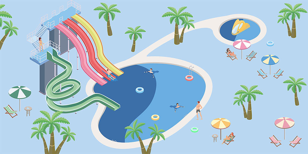 蓝色小清新泳池滑梯遮阳伞水上乐园展板背景