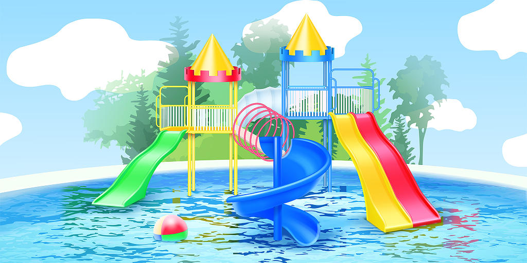 蓝色小清新手绘滑梯树泳池水上乐园展板背景