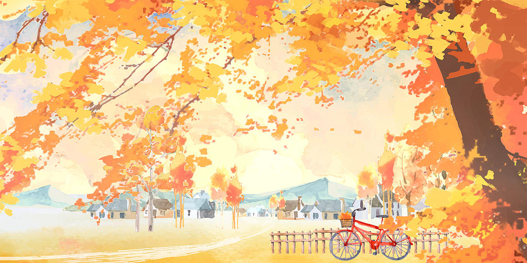橙色唯美场景树叶房子村子秋天展板背景插画
