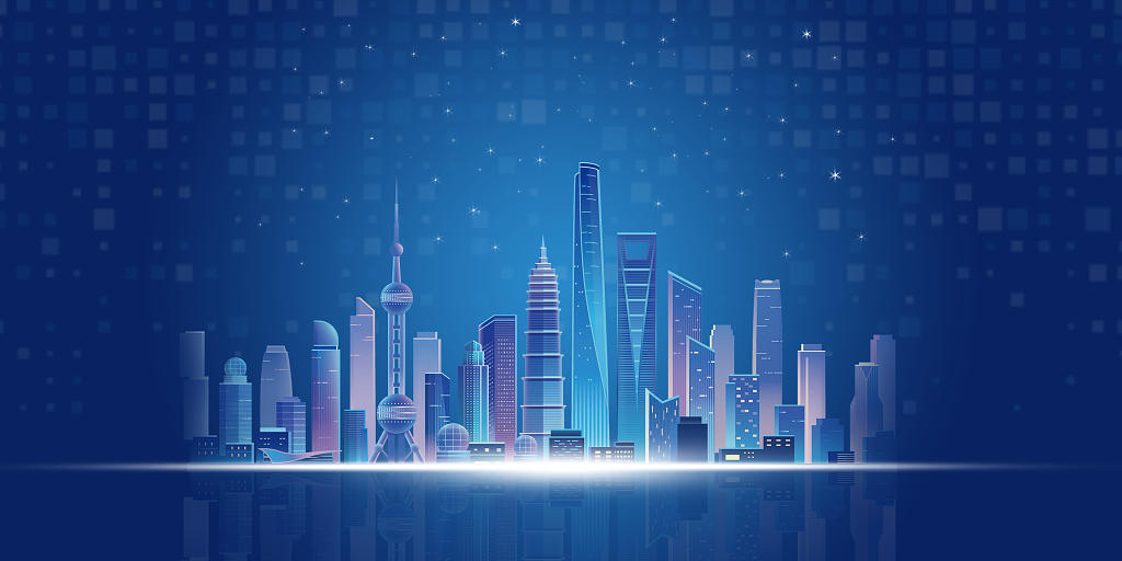 蓝色科技感城市倒影星空星星展板背景科技背景