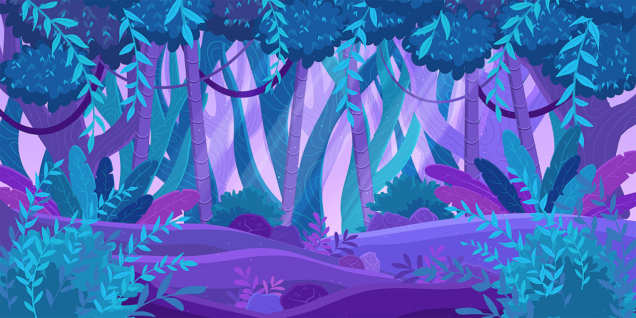 紫色蓝色梦幻树林树丛丛林草丛森林展板背景