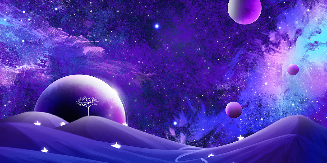 紫色蓝色场景大气星星星光星球山峰紫色星空展板背景