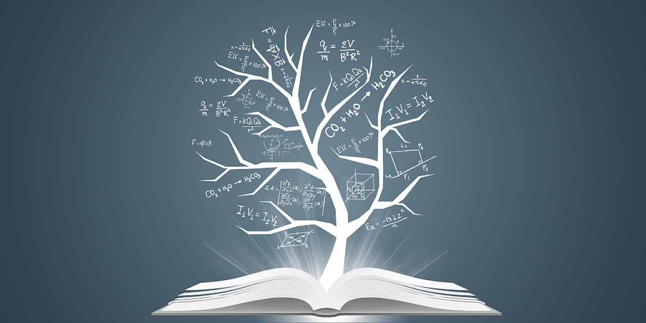青色简约扁平化知识树书本公式数学展板背景书本上的树背景