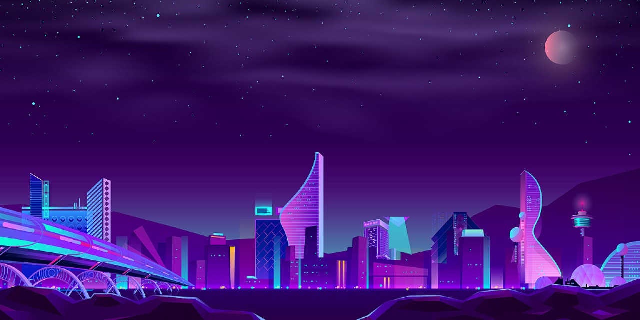 紫色渐变唯美夜晚城市星空展板背景