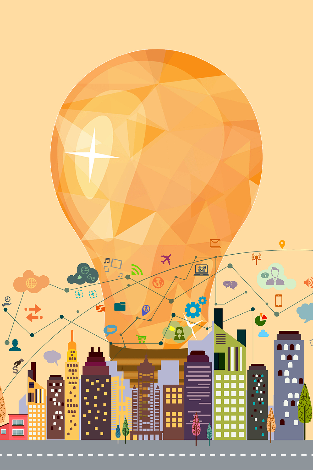 橙色简约扁平化城市建筑科技网络灯泡灵感海报背景idea背景