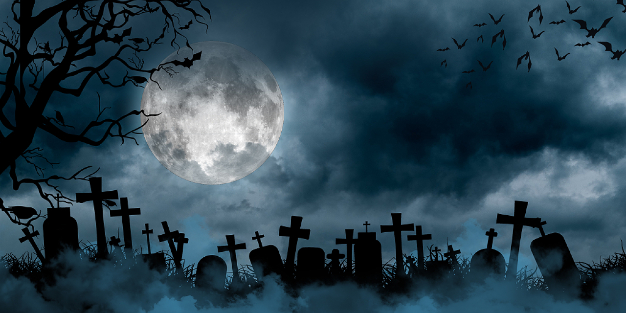 蓝色恐怖墓碑墓地枯树蝙蝠乌云月亮展板背景恐怖背景