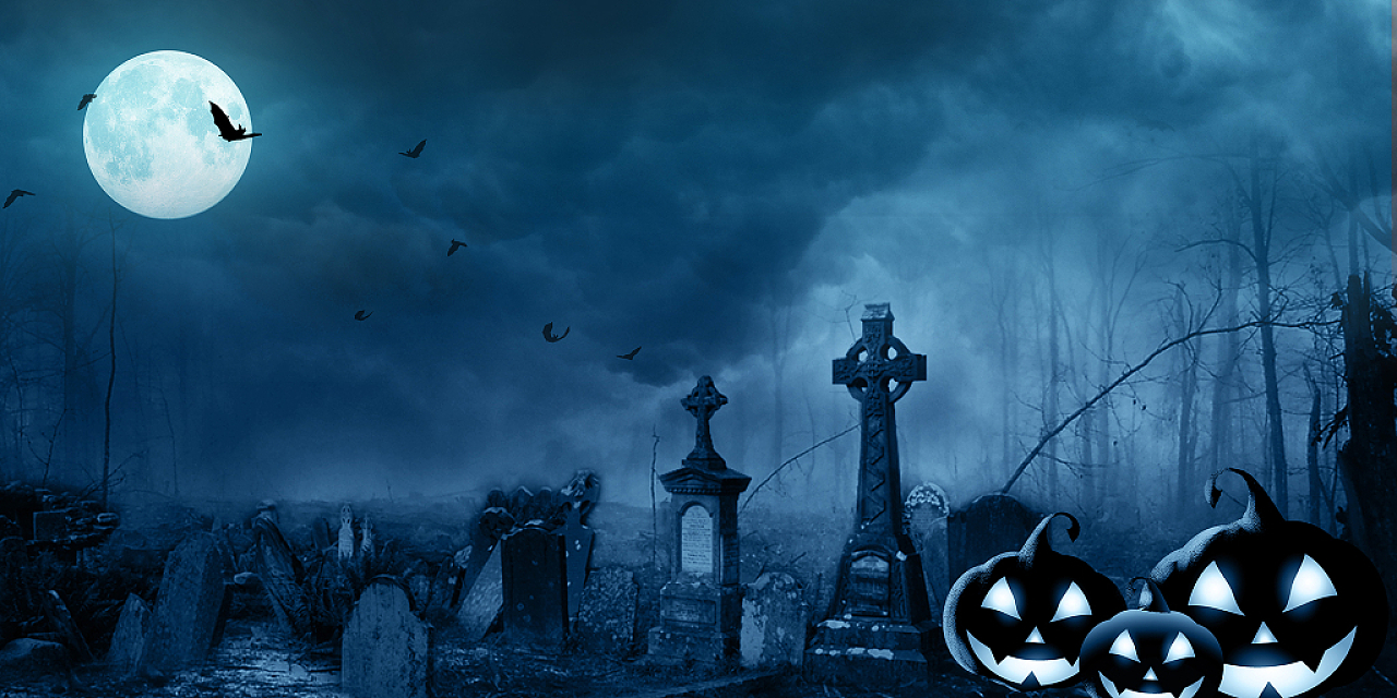 蓝色黑色场景大气烟雾墓地南瓜月亮蝙蝠万圣节展板背景