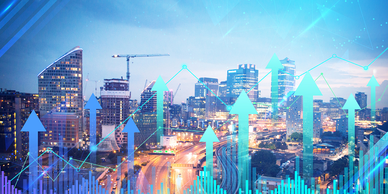 发展趋势蓝色科技感场景城市数据线条光效向上箭头展板背景