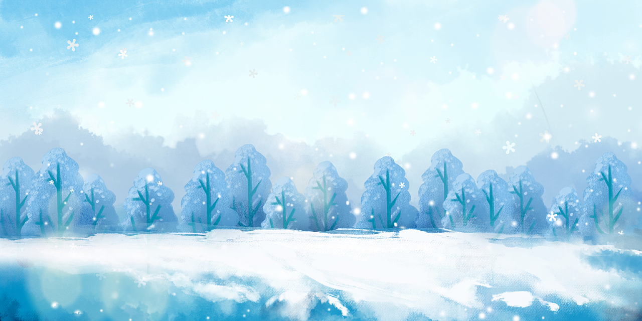 蓝色唯美天空手绘雪景风景冬季冬天梦幻雪花展板背景