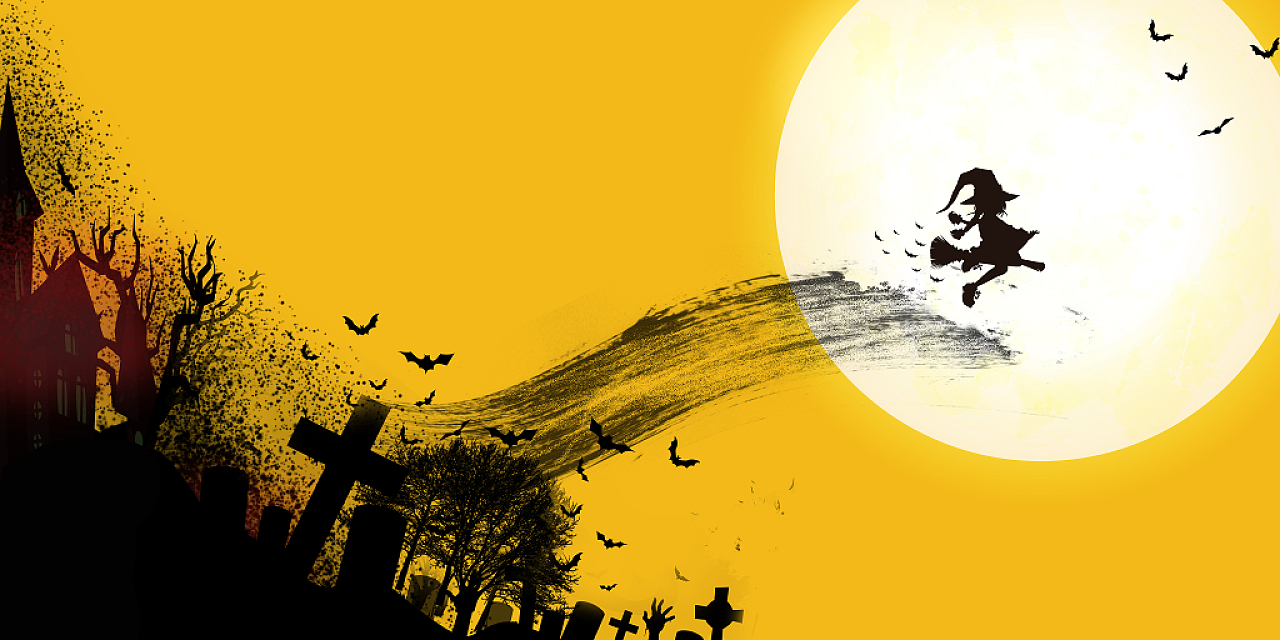 橙黄色月亮蝙蝠小魔女古堡坟墓枯树恐怖搞怪万圣节海报背景