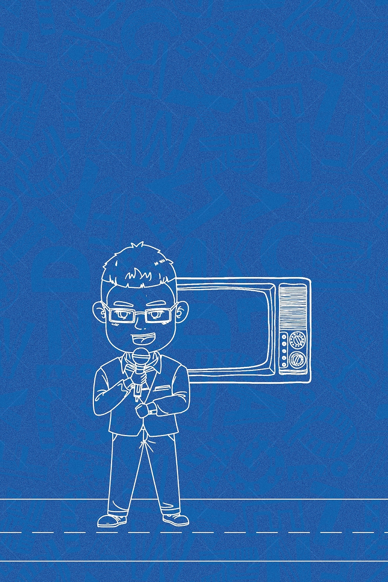 蓝色简约扁平记者采访电视机展板背景中国记者日背景