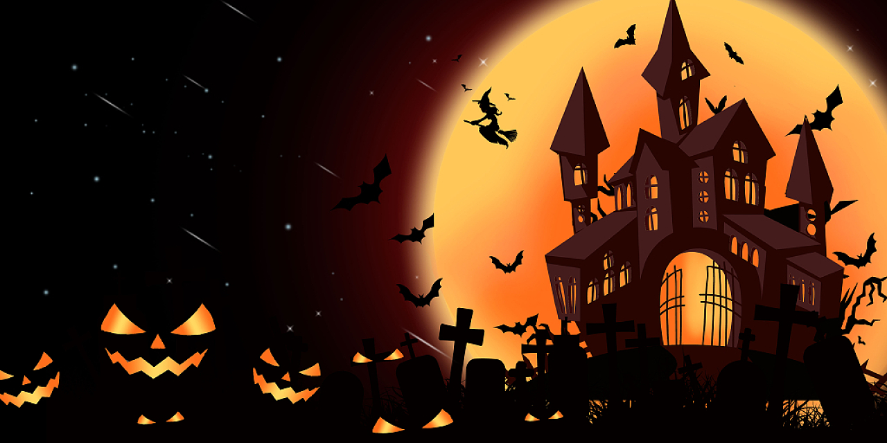 黑色橙色月亮恐怖蝙蝠城堡万圣节展板背景