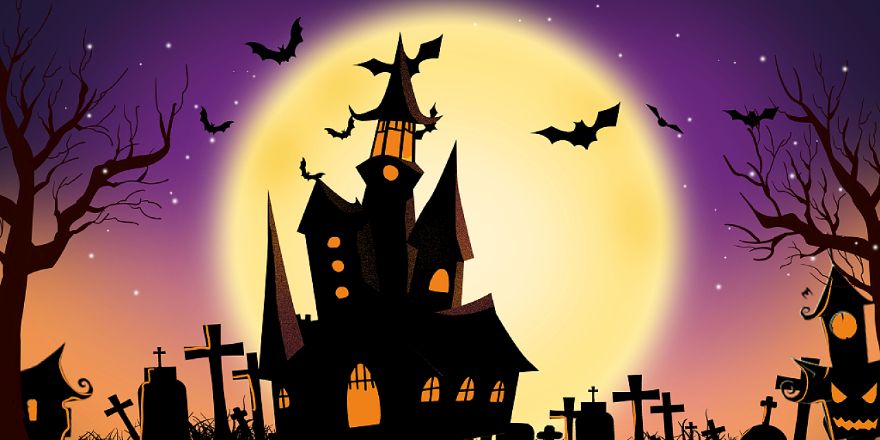 深紫黑橙色月亮树坟墓城堡蝙蝠恐怖万圣节展板背景