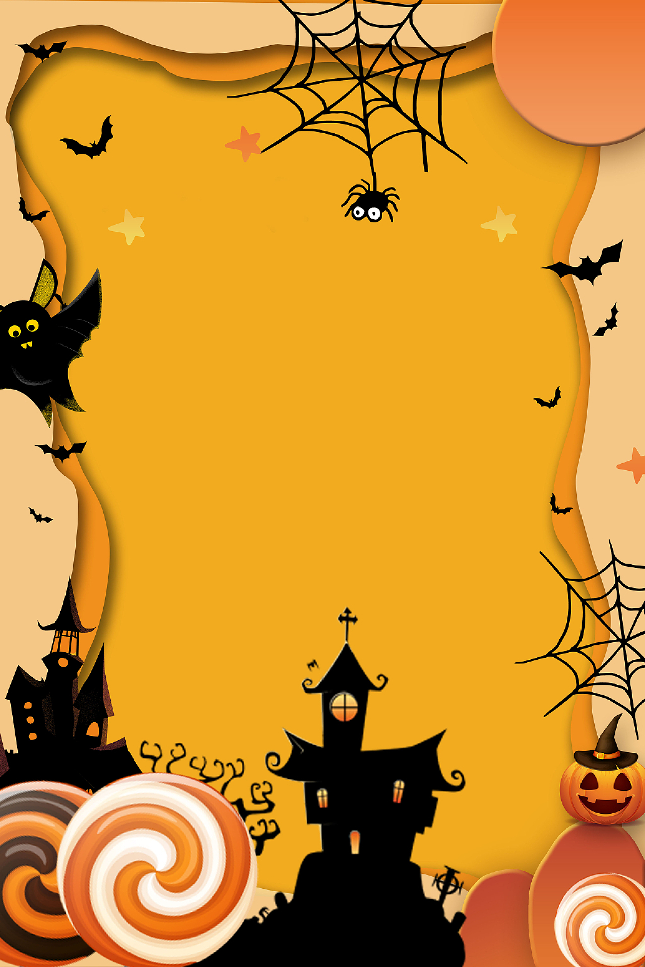 橙色蝙蝠蜘蛛网糖果城堡剪纸卡通可爱万圣节海报背景