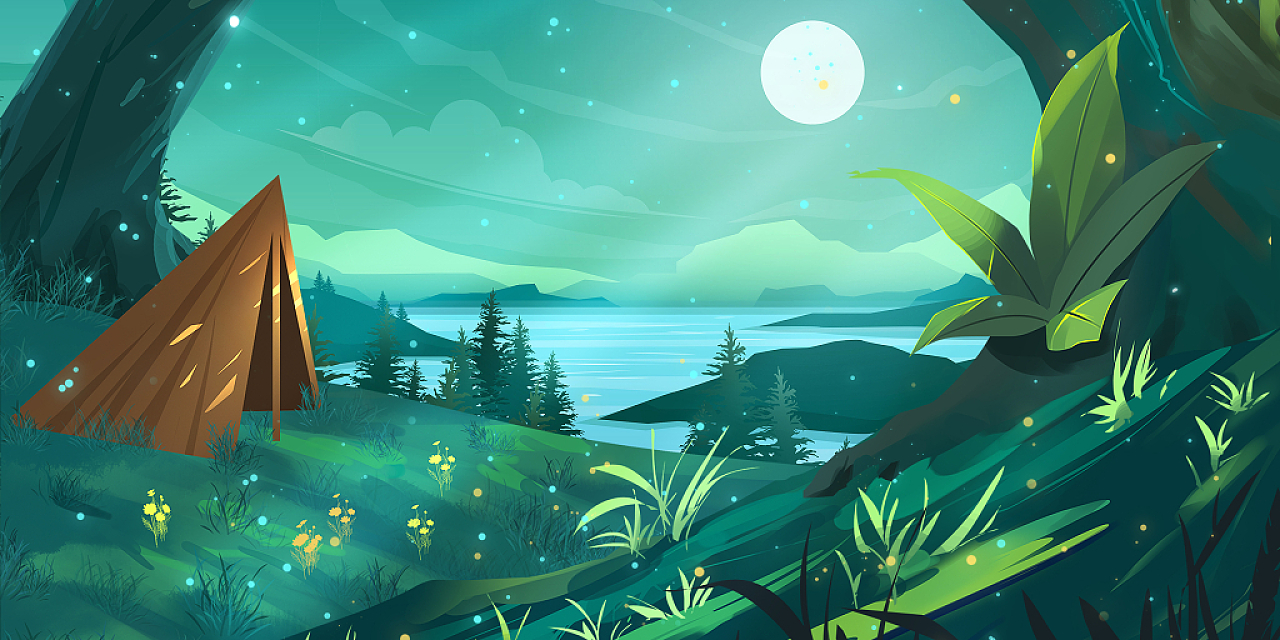 深绿色唯美梦幻森林湖泊月亮手绘树木展板背景