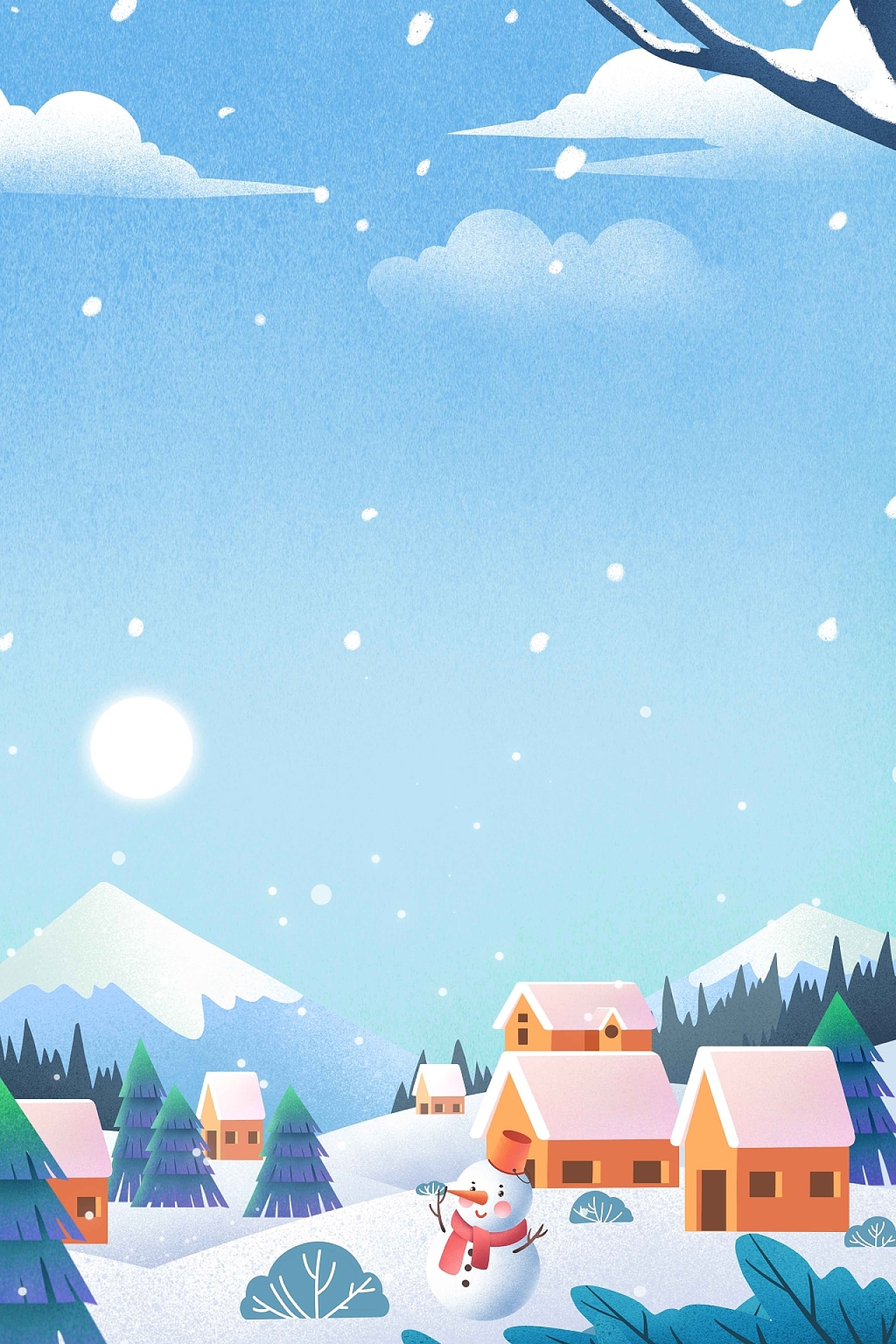淡蓝色唯美小雪背景雪人雪花云朵房屋树木小雪海报背景