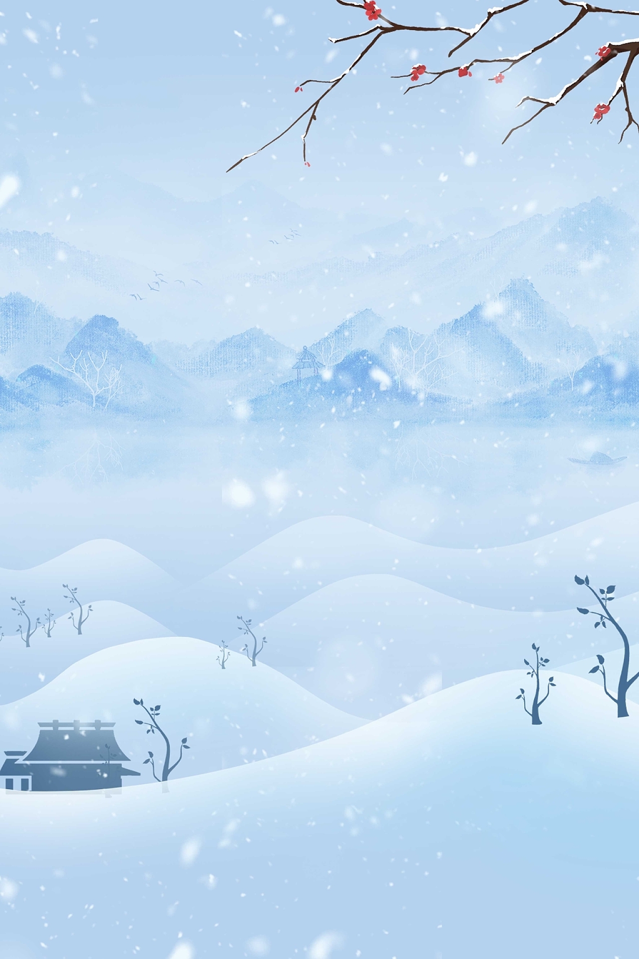 蓝色古风雪远山雪花冬季寒冷积雪树枝大雪海报背景
