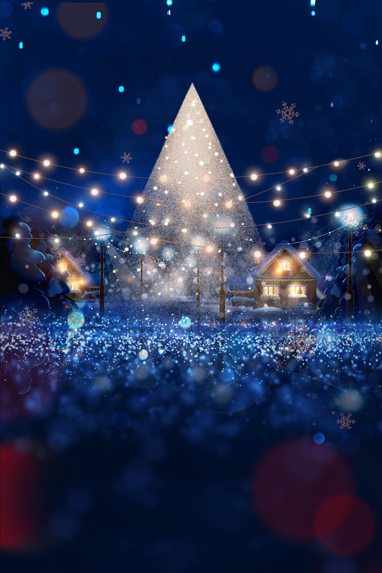 蓝色创意圣诞节背景圣诞树房屋梦幻彩球圣诞节海报背景